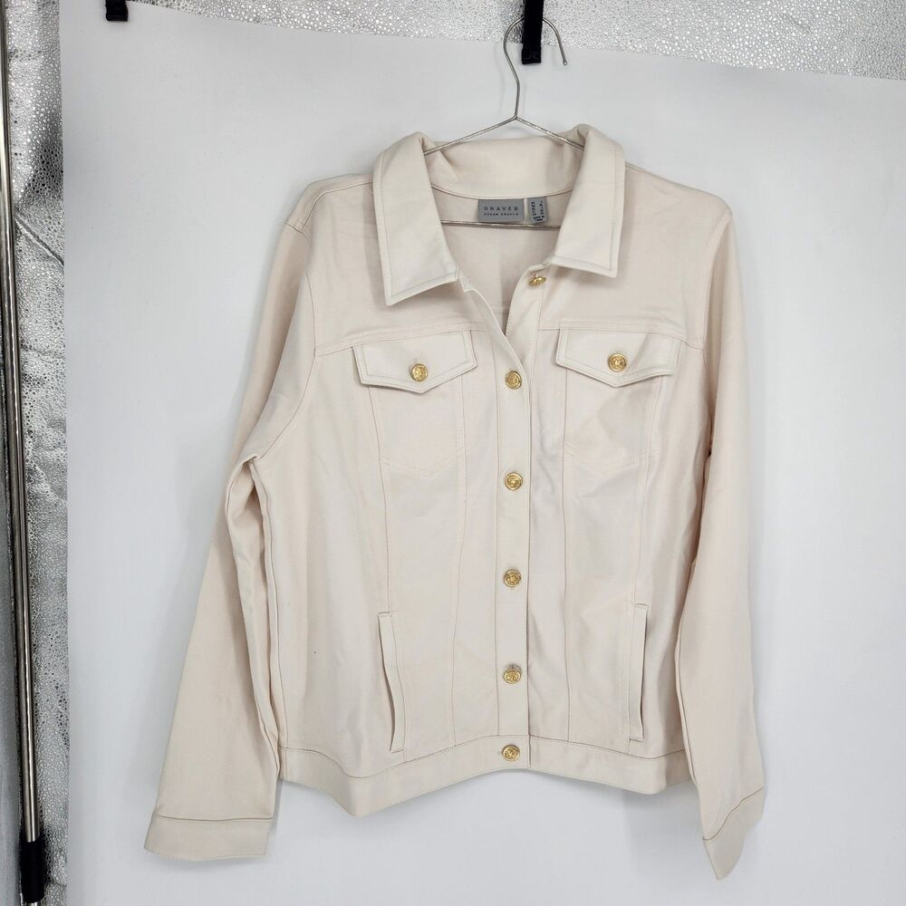 Susan Graver Large White Beige Front Pocket Long Sleeve Faux Leather Jacket
